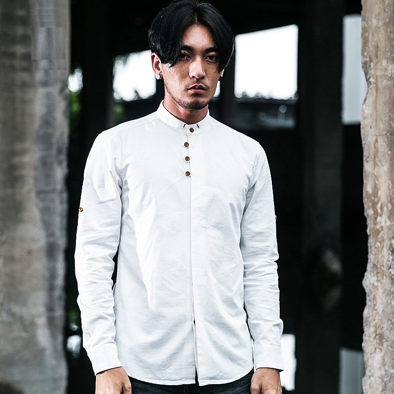 Men's Cotton Linen Shirts Long Sleeve Casual Slim Chinese Mandarin Collar Shirts Men Business Cotton Dress Shirt