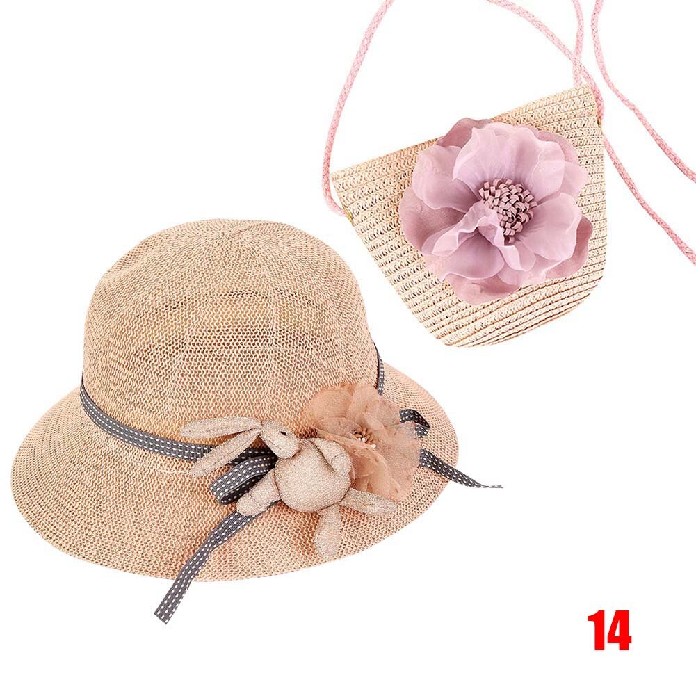 Women Girls Straw Sun Hat + Cute Flower Straw Shoulder Bag Set Summer Beach Kit -OPK: 14