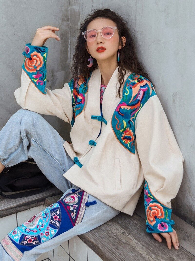 Chinese Traditional Style Tang Suit Women Oriental Retro Loose Long Sleeve Print Hanfu Coat Jackets Lady Tops