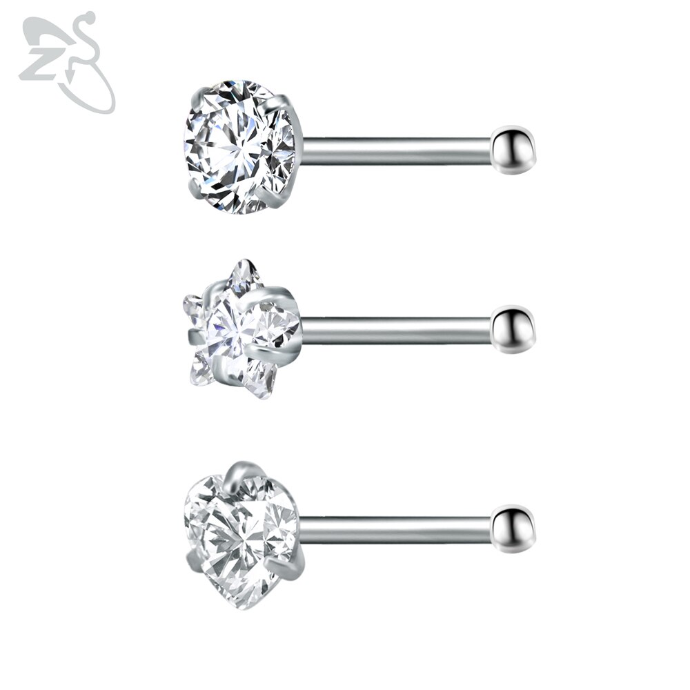 Zs piercing de nariz em aço inoxidável 3-12 porcelana, conjunto de pino redondo, estrela, coração, cristal cz, nariz, 3mm, forma de l, joia de piercing 20g: I-3pcs