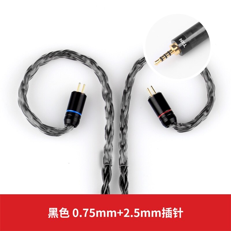 Trn  t2 upgrade 16 -aderige verzilverde kabel 3.5 2.5 0.75 0.78 mmcx-connectorkabel voor trn  v90 v80 x6 a10 zs10 as16- oortelefoon: Zwart -0.75mm 2.5mm