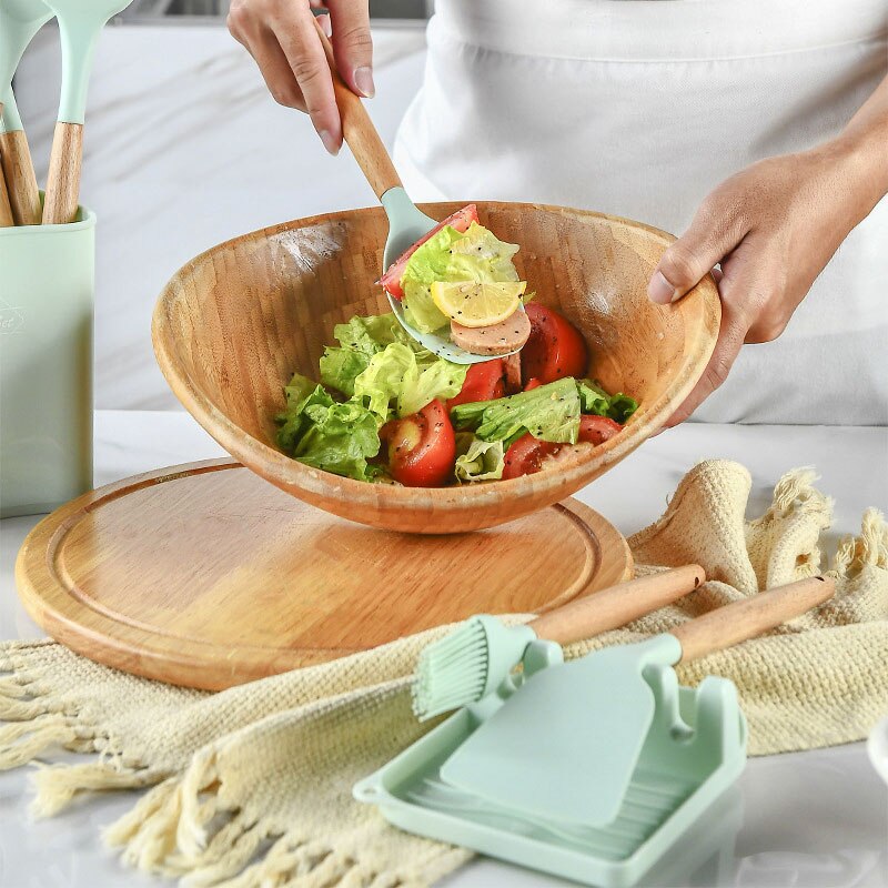 Silikoni keittiövälineet de cocina tarvikkeet työkalut keittiövälineet keittolusikka espatula gadget keittiö menaje lastalla puinen
