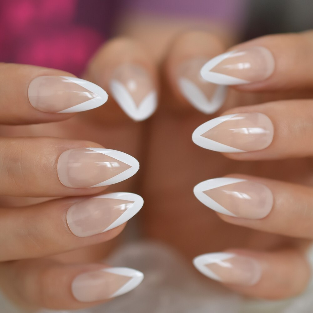 White V Shape French Nails Medium Stiletto Press On Nails Natural Color Predesigned Tips with Glue Sticker: L5744