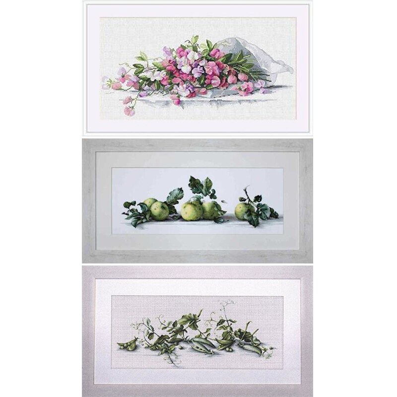 Counted Cross Stitches Kit Still life series Friut of Apple Plant of Pea and Pea flowers Luca-S B2259 Merejka K-82: Three Sets / 18CT unprint canvas