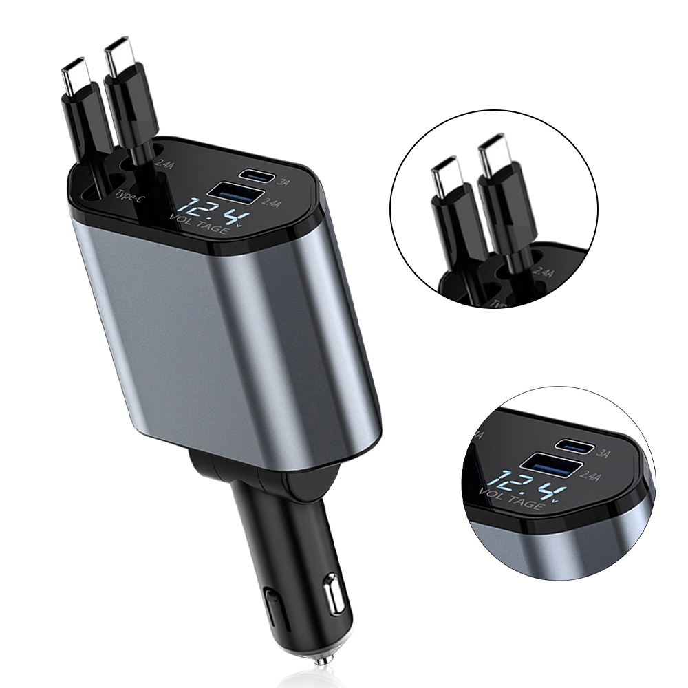 70 W snelle autolader, 4-in-1 intrekbare autotelefoonopladeradapter, intrekbare kabels USB-C en 2 USB-poorten autolader: WHITE