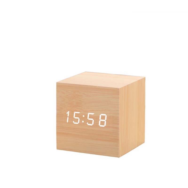 Alarm Clock LED Wooden Watch Table Voice Control Digital Wood Despertador USB/AAA Powered Electronic Desktop Clocks: Yellow