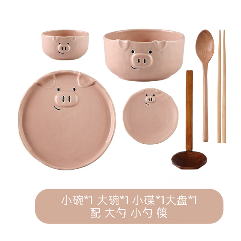 Juego de vajilla de porcelana con dibujos animados para el hogar, conjunto de cerámica con cuenco rosa encantador, plato de desayuno con personalidad creativa