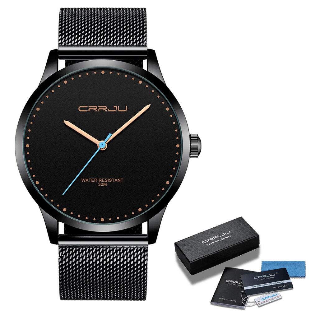 Relogio Masculino CRRJU zegarek dla mężczyzn czarna duża tarcza Casual zegarki kwarcowe unikalne proste zegarki sportowe Mesh wodoodporny zegarek: black rose  BOX