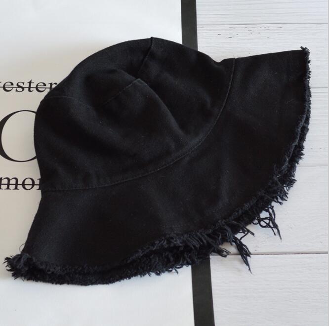 Kvinder bøttehat ensfarvet sort gul fiskerkasket bomuld lurvet forårssommersolhat bred skygge strandhat: Sort