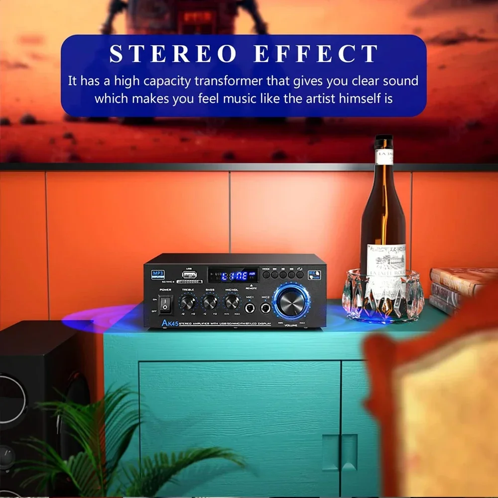 Power Amplifier AK45 Bluetooth Amplifier Sound Channel 2.0 Digital Audio Amplifier USB SD MIC RCA Input Support 90-240V Input EU