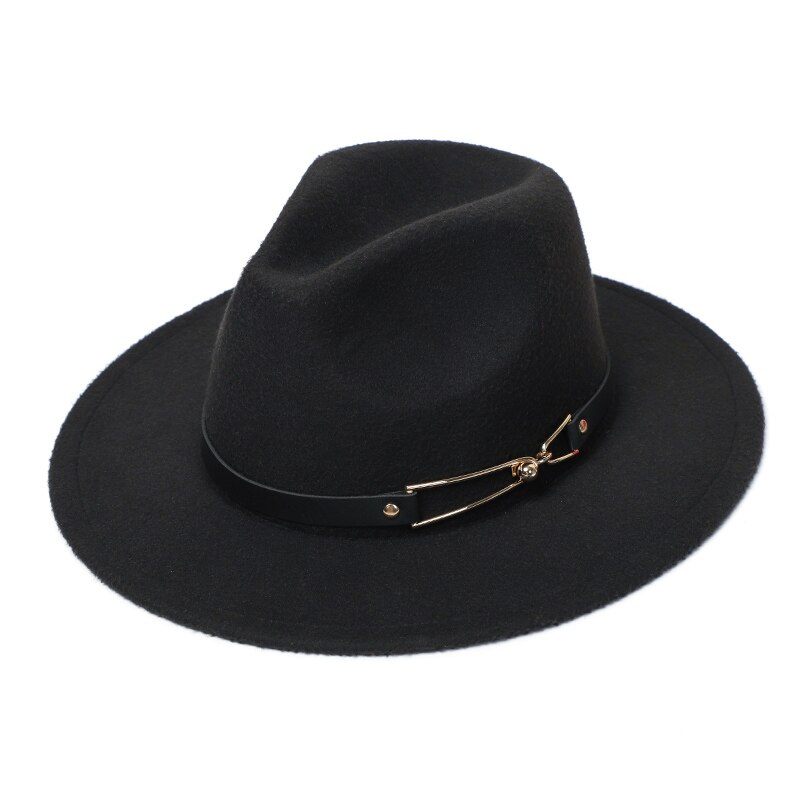 Menn kvinner bredkant ullfilt fedora panama hatt med belte spenne jazz trilby lokk fest formell topp lue: Svart