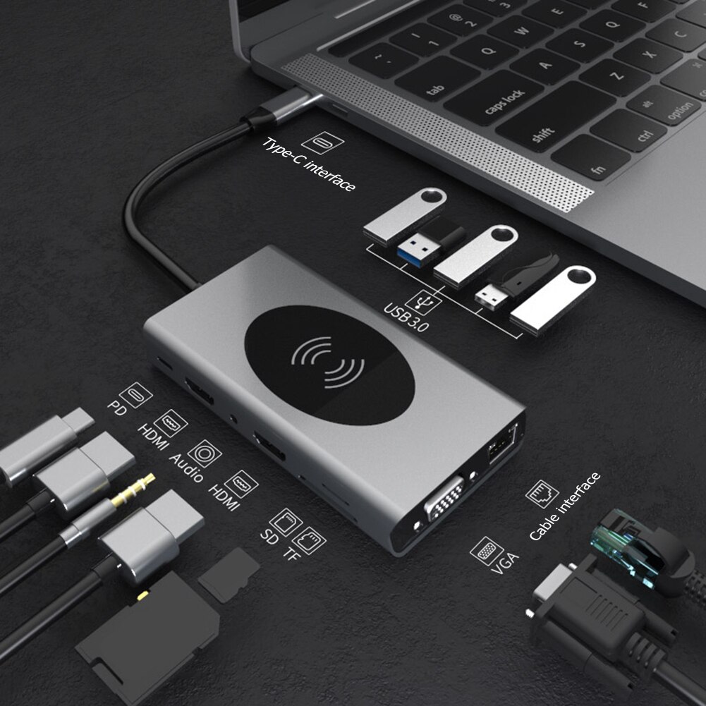 14 em 1 tipo usb c hub com hdmi rj45 vga usb hub 3.0 adaptador doca leitor de cartão sd USB-C hub tipo-c plitter para macbook pro