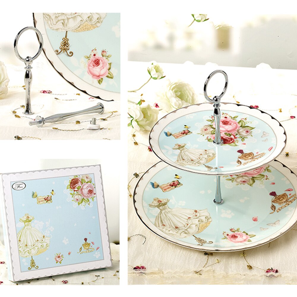 Ceramic Double Layer Fruit Dessert Plates Cake Snack Tray Holder Display Rack European Flower Style Living Room Home Decor Plate