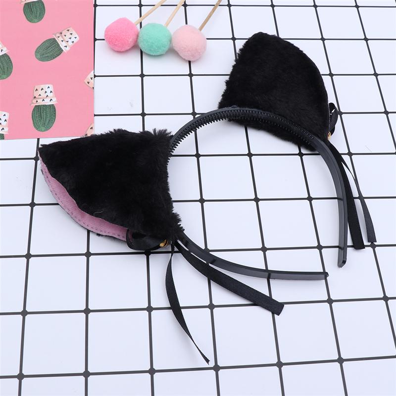 1 pc Cat Ear Headband Black Plush Cute Bowknot Hair Hoop Costume Accessory with Bell