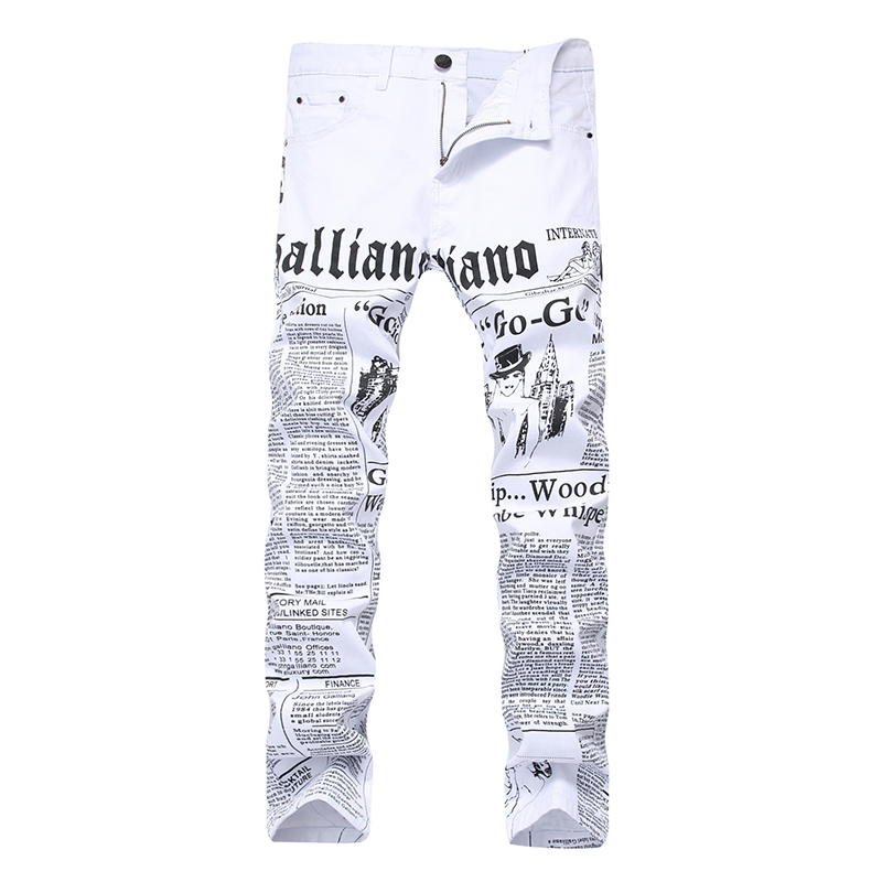 Pantalones vaqueros blancos de tendencia informal para hombre, Vaqueros rectos y delgados con estampado de periódico, elásticos: 42