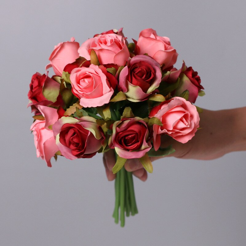 12Pcs Artificial Flowers Rose, Silk Roses Bridal Wedding 1 Bouquet Decoration Home Office Party Decor Arrangements: PIink and Red