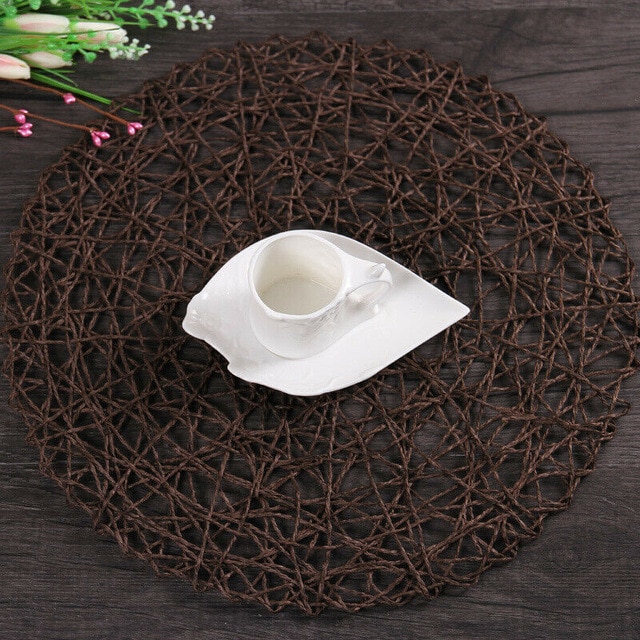 2pcs 38cm Dining Table Mat Cup Pads Rural Table Hollow Mat Round Woven Dining Pads Handmade Christmas Decorations Home Tableware: Dark Coffee
