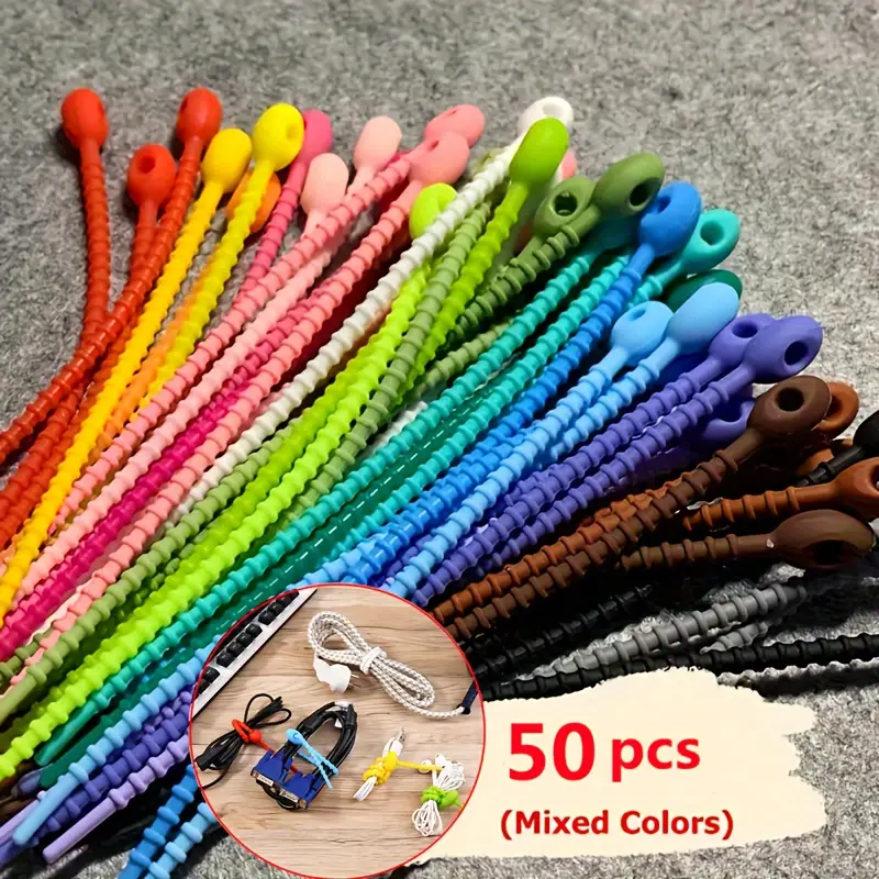 Silicone Reusable Cable Wire Organizer - 50/20/10pcs Cord Management Zip Tie Twist Multifunctional Bag Clip Storage Bag Ties