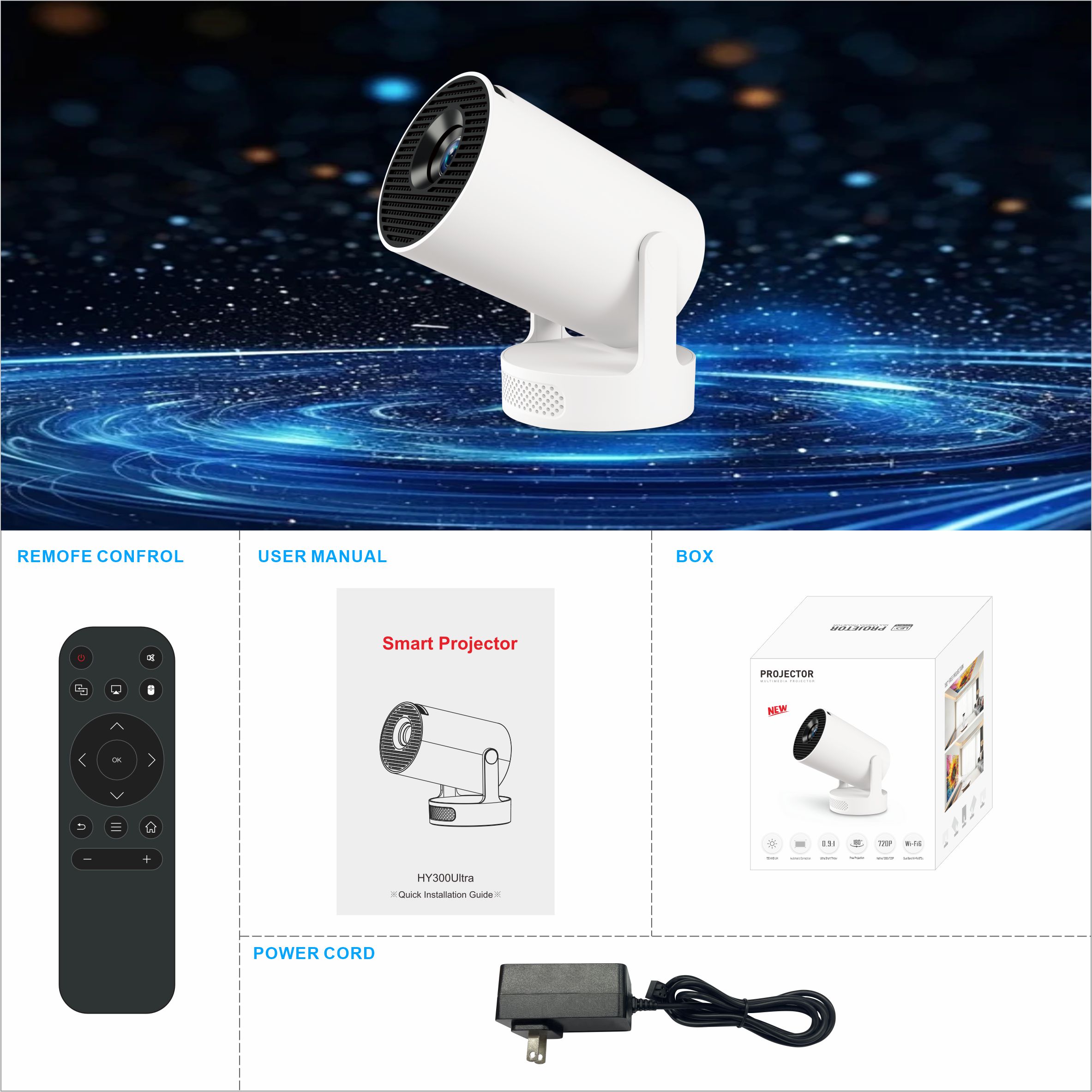 HY300Plus Smart Projector 4K Android 11 Dual Wifi6 210 ANSI Quad-core Allwinner H713 1080P Home Cinema Outdoor Projetor: spina europea