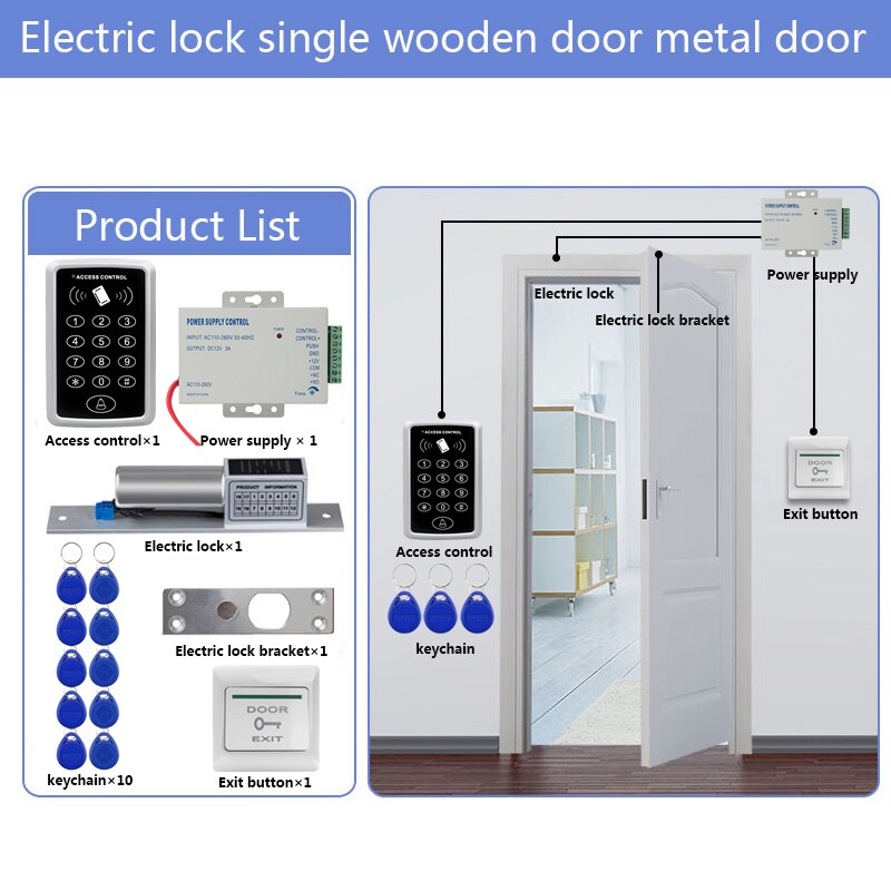 Door Access Control System Kit RFID Access Control Keypad + Power Supply + Electric Magnetic Lock Bolt Strike Locks + 10pcs Keys: Kit4