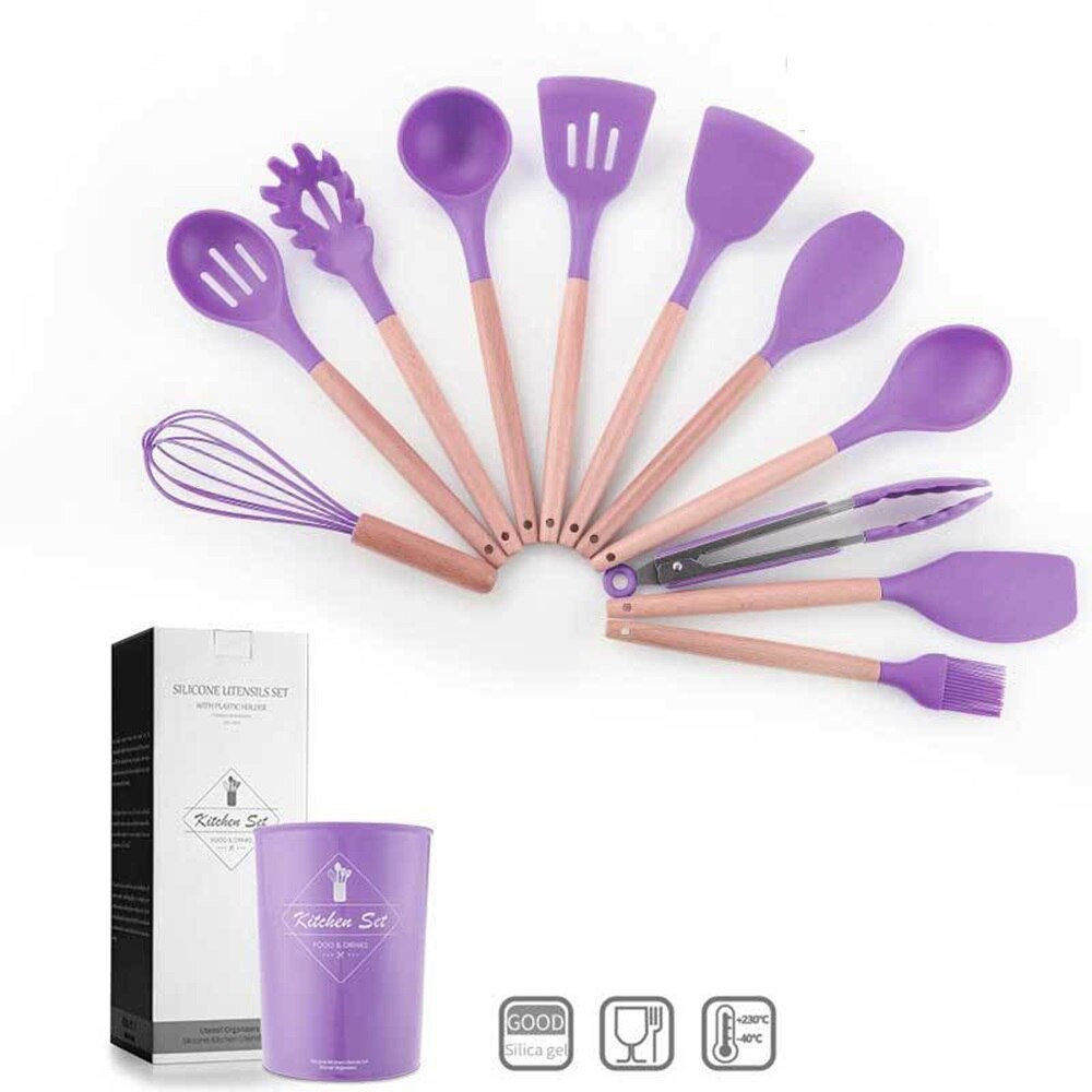 Silicone Non-stick Cooking Utensils Set Cookware Wooden handle Egg Beaters Shovel Spoon Soup Kitchen Tools Accessories Easy Wash: Purple