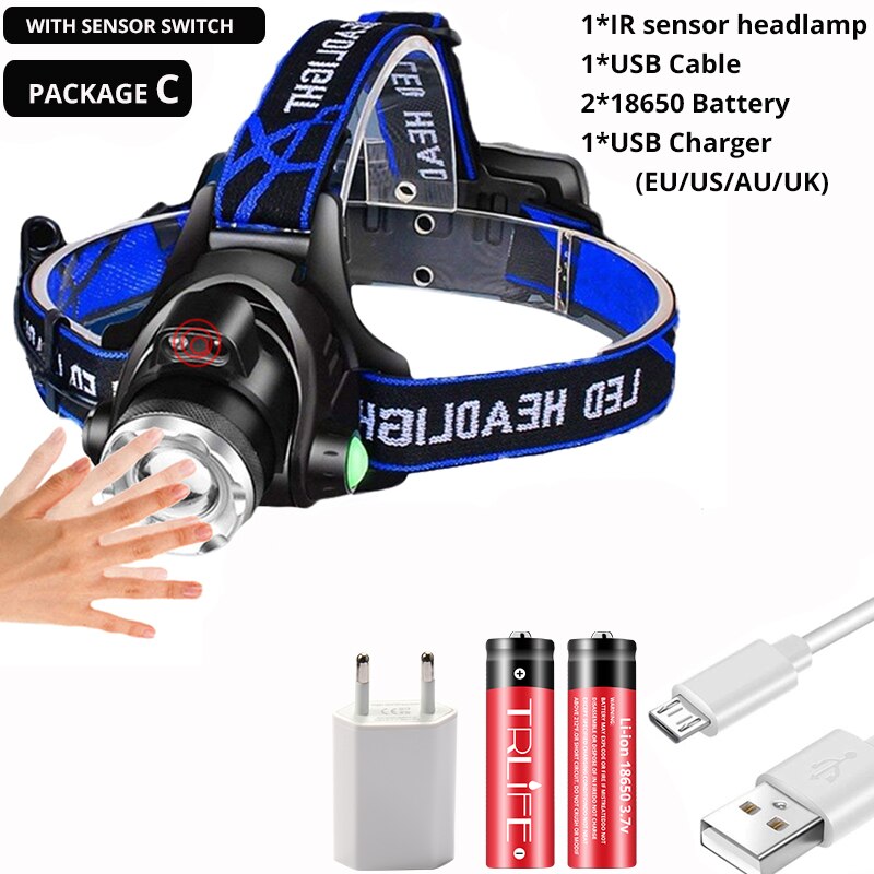 7000LM más potente Sensor IR linterna frontal T6/L2/V6 linterna USB recargable de pesca Zoom linterna impermeable: Package C / L2-Brighter