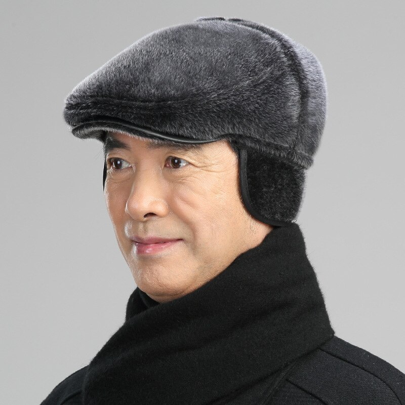 Gorro de invierno de piel sintética con orejeras para hombre, gorra plana con orejeras,: Gris / 56-58cm