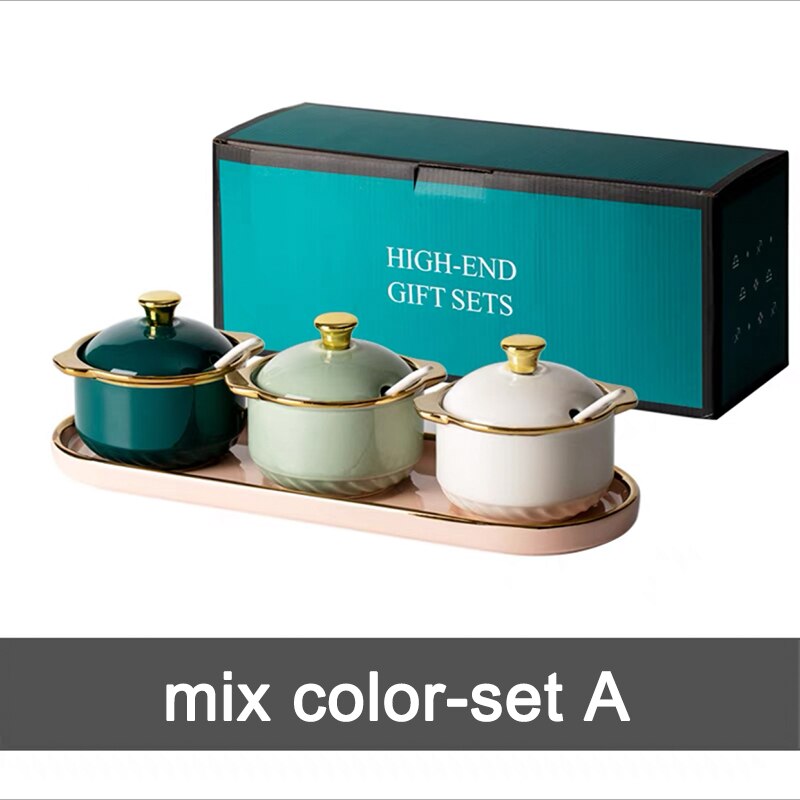 Cuenco de cerámica con tapas y cuchara para azúcar, juego de frascos de especias para condimentos de lujo, contenedor de almacenamiento de azúcar para Cocina: mix color set A