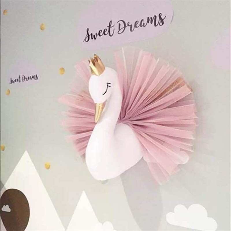INS nordique tête en peluche 3D têtes d'animaux en peluche éléphant cygne tête tenture murale décor pour pépinière enfants fille chambre décoration: Swan