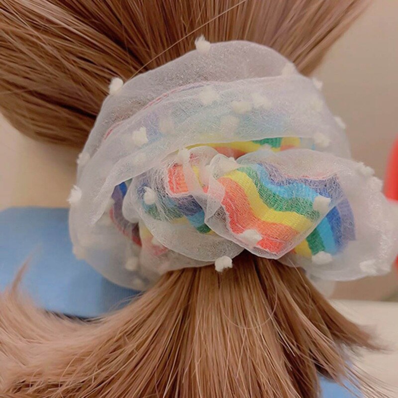 Elastic Mesh Scrunchie Rubber Band Girls Lace Rainbow Dot Ponytail Holder Hair Ring Rope Organza Hair Accessories