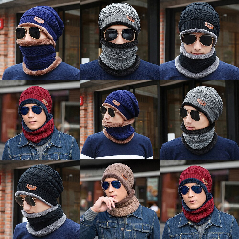 Herr vindtät mjuk håll värmen tvådelad mössa halsduk set stickning ull resår höst vinter utomhus multifunktion camping