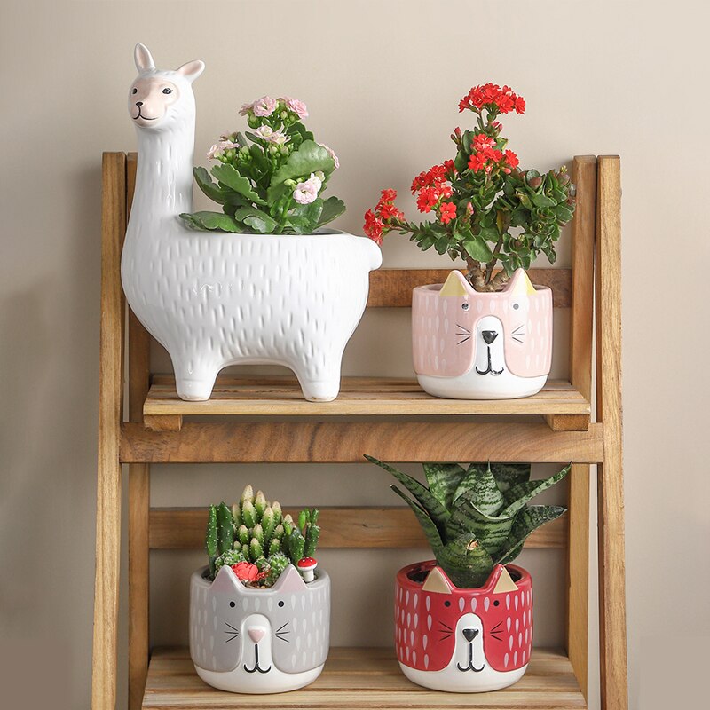 Nowy kreatywny biały alpaka doniczka ceramiczny wazon soczysty doniczkowy zielony, robić domu roślin Słodki kreskówka z roślinami i zwierzętami garnek dekoracji prezent