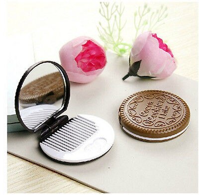 Mini Pocket Chocolate Cookie Biscuits Compact Mirror With Comb ~Cute~deep coffee color