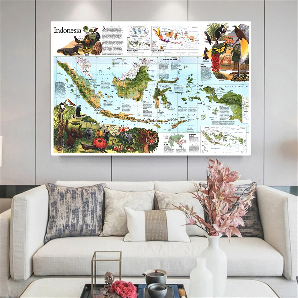 90*60cm Map of Indonesia Retro Wall Art Poster Canvas Painting Fabric Cloth School Supplies Living Room Home Decoration