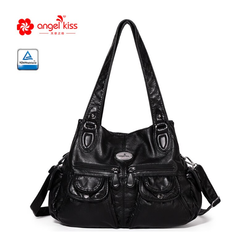 RURU monkey Bag For Women Women's PU Material Solid Color Multi-pocket Large Capacity Ladies Shoulder Bag: Black