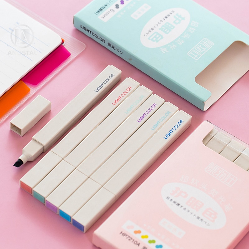 Andstal-rotulador subrayador de Color, 6 colores/juego, punta suave oblonga, morandy rotulador de Color único, marcador escolar, papelería, hilighter