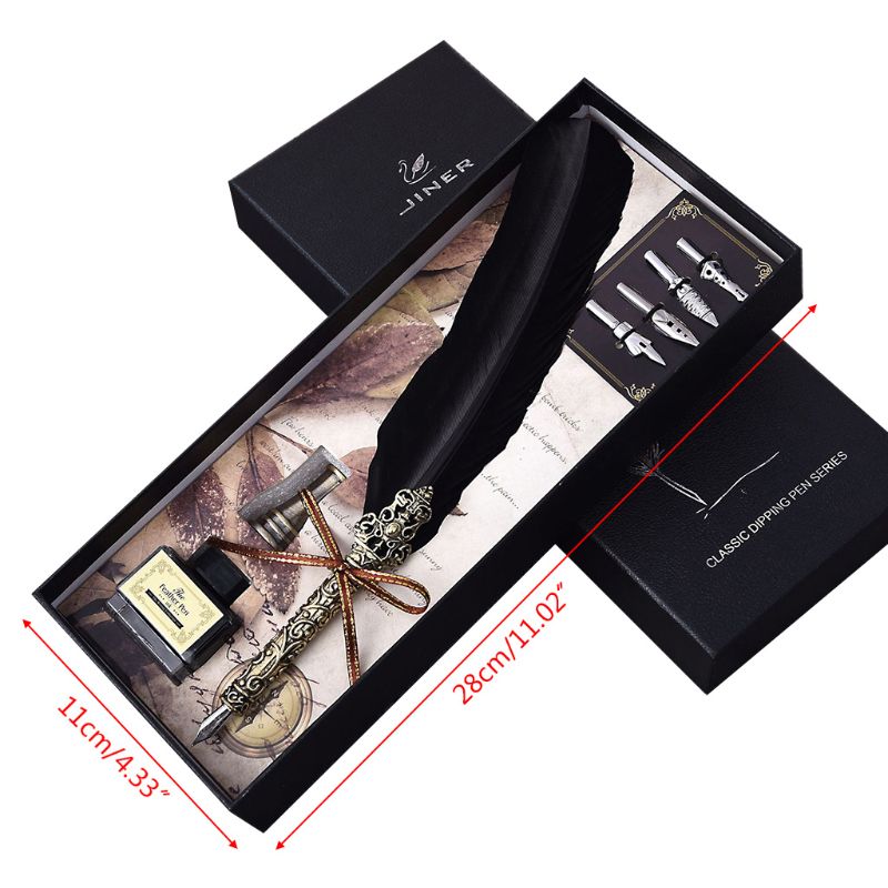 Vintage Handmade Feather Quill Dip Fountain Pen with Ink Nibs English Calligraphy Writing Stationery Wedding 831D