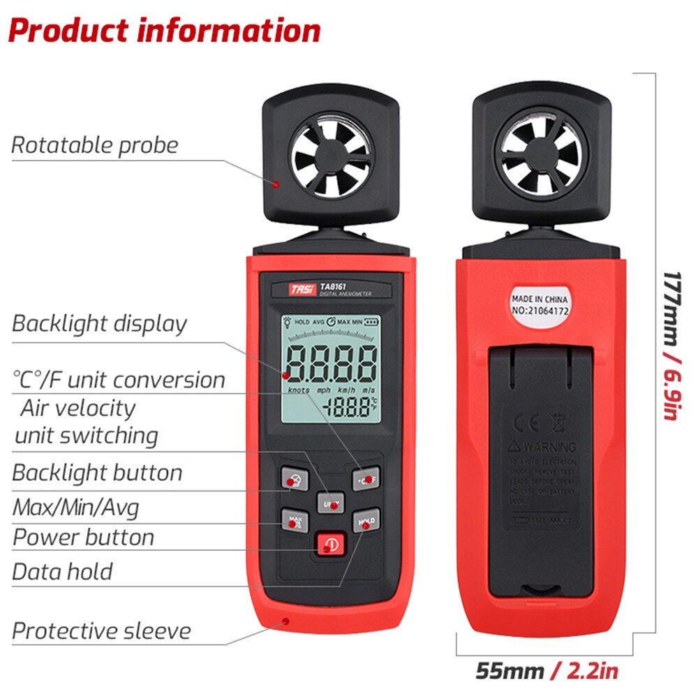 TA8161 Digital Anemometer High Precision Handheld Anemograph Wind Velocity Indicator Air Velocity Air Temperature Measurement