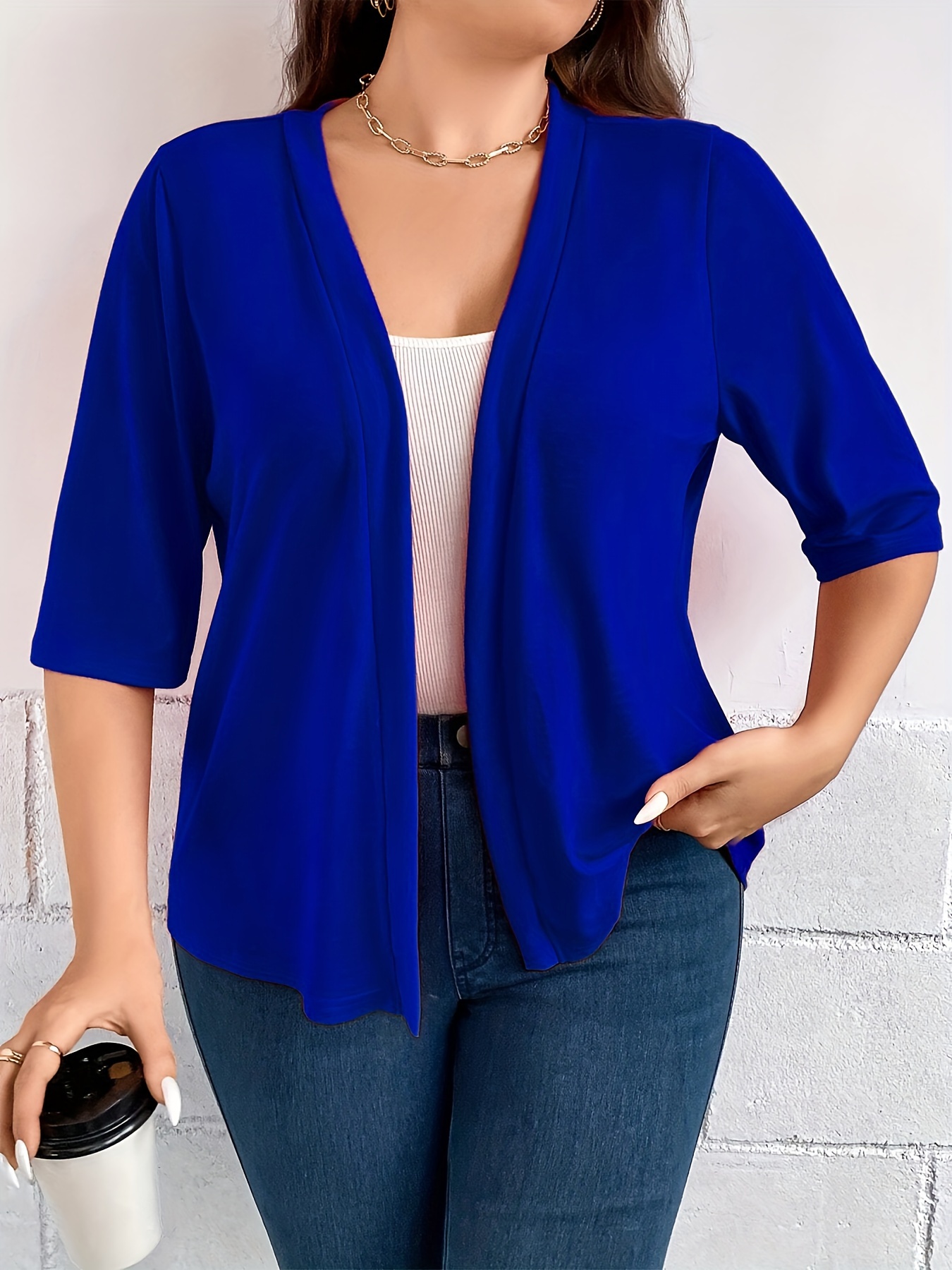 Blazer Drapé à Manches Trois-Quarts pour Documents, Veste Simple et Polyvalente, Couleur Unie, Grande Taille: 1XL / Bleu