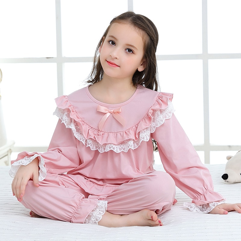 Autumn Girl Pajama Set Kids Home Cloth Girls Pyjamas Cotton Long Sleeve Lace Cute for Children Princess Retro Sleepwear