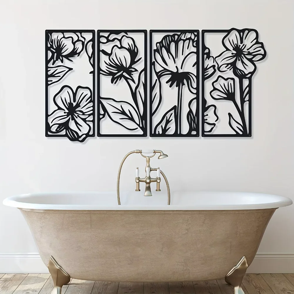 4-- delt minimalistisk blomsterkunstværk - elegante metalvægdetaljer til hjemmets æstetik - alsidig indretning til køkken og badeværelse