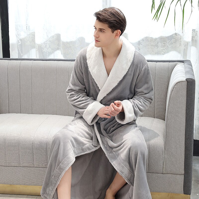 Flannel couple nightgown cross-section coral fleece men's long thick bathrobe bathrobe men robe bath robe bathrobe men: Gray / M