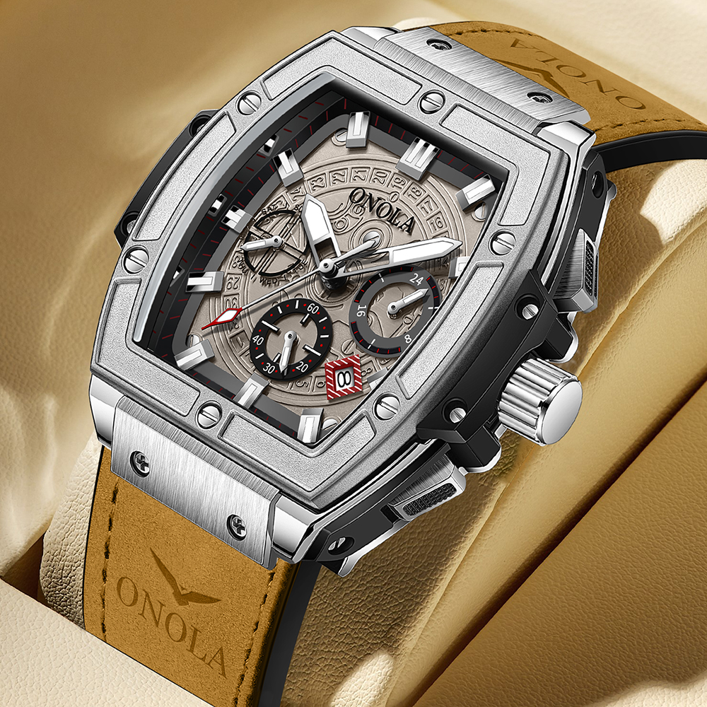Relojes de lujo a la con clásico en forma de barril para hombre ONOLA, reloj de cuarzo de cuero informal resistente al agua multifuncional para hombre