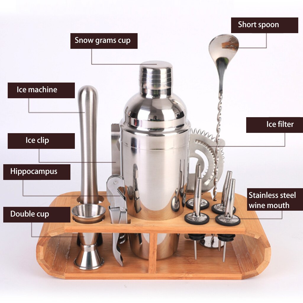 12Pcs/Set Cocktail Shaker Set Bartender Kit With Wooden Stand Drinks Strainer Bottle Opener Maker Mixer 750ML Kit Home Bar Party