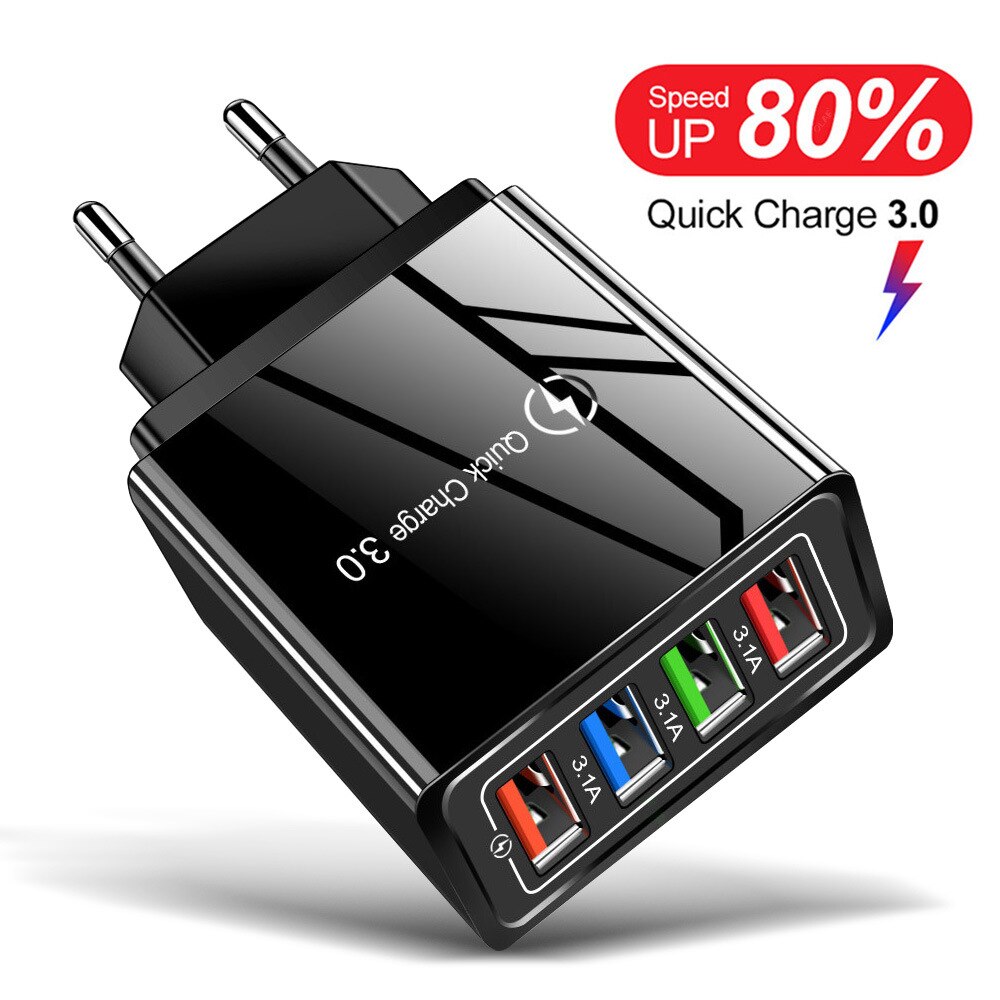 Utile 4 USB di Ricarica Rapida 3.0 del Caricatore del USB per Huawei Compagno di 30 Samsung S10 A50 tavoletta CONTROLLO di QUALITÀ 3.0 di trasporto Veloce Della Parete caricabatterie Spina di UE Adapte: nero