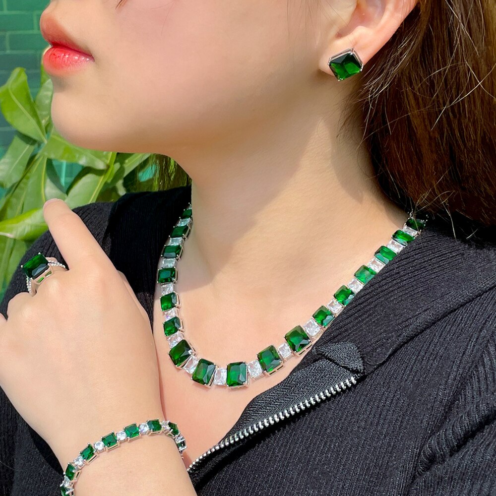 Threegraces 4 Stuks Dark Green Zirconia Geometrische Vierkante Bridal Wedding Party Ketting Sieraden Set Voor Vrouwen TZ687