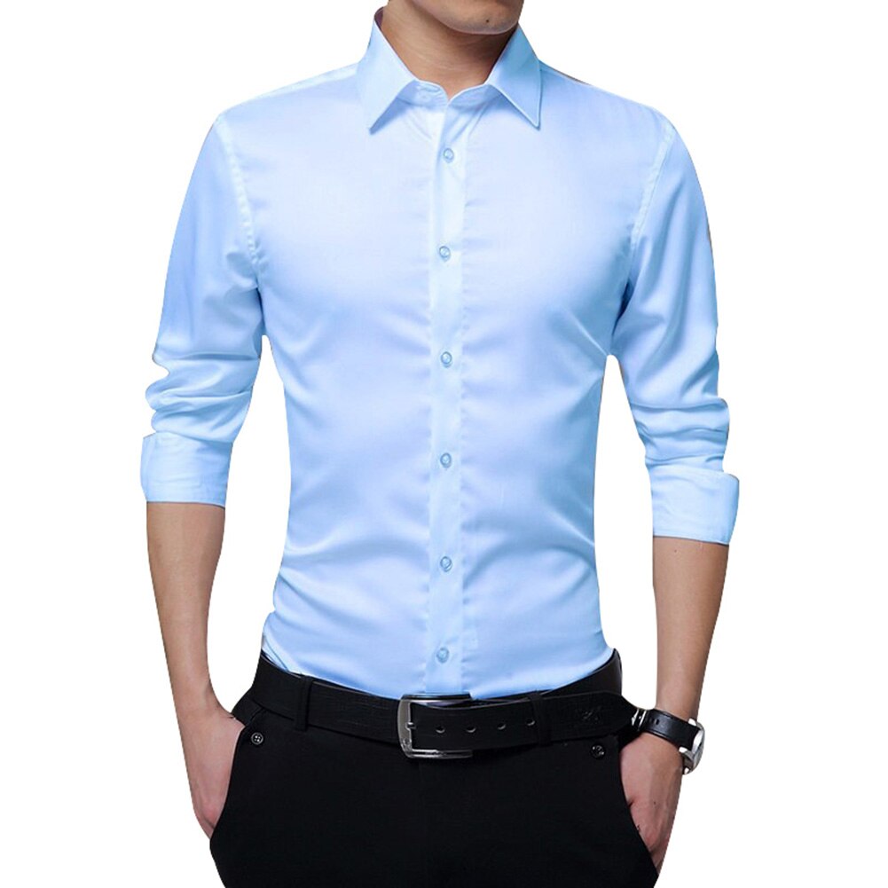 Newly Men Long Sleeve Shirts Slim Fit Solid Business Formal Shirts for Autumn BF88: XL / light blue