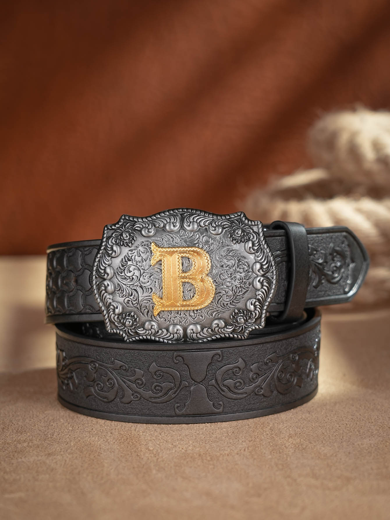 Cinturón de cuero PU de vaquero occidental - Correa de cintura para hombre Decoración de toro con grabado floral para jeans: Morado