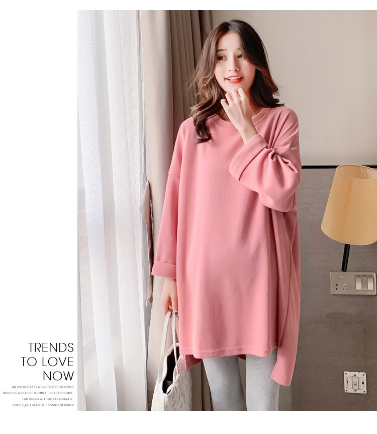 Good Pregnant Women Long Loose T-shirt Solid Color High Low Irregular Maternity Cotton Tees Plus Size Pregnancy Tops: pink / L