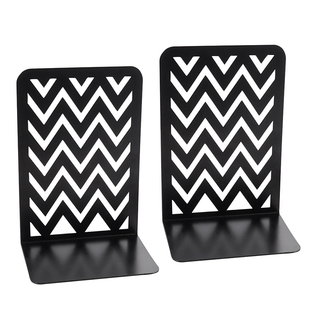 2pcs Black Home Office Desktop Decor Organizer Stainless Steel Bookend Practical For Students Non Skid Wave Shape Stationery